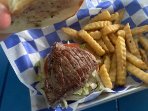 Steak sandwich as Riverboat Grill Restaurant in Frankfort