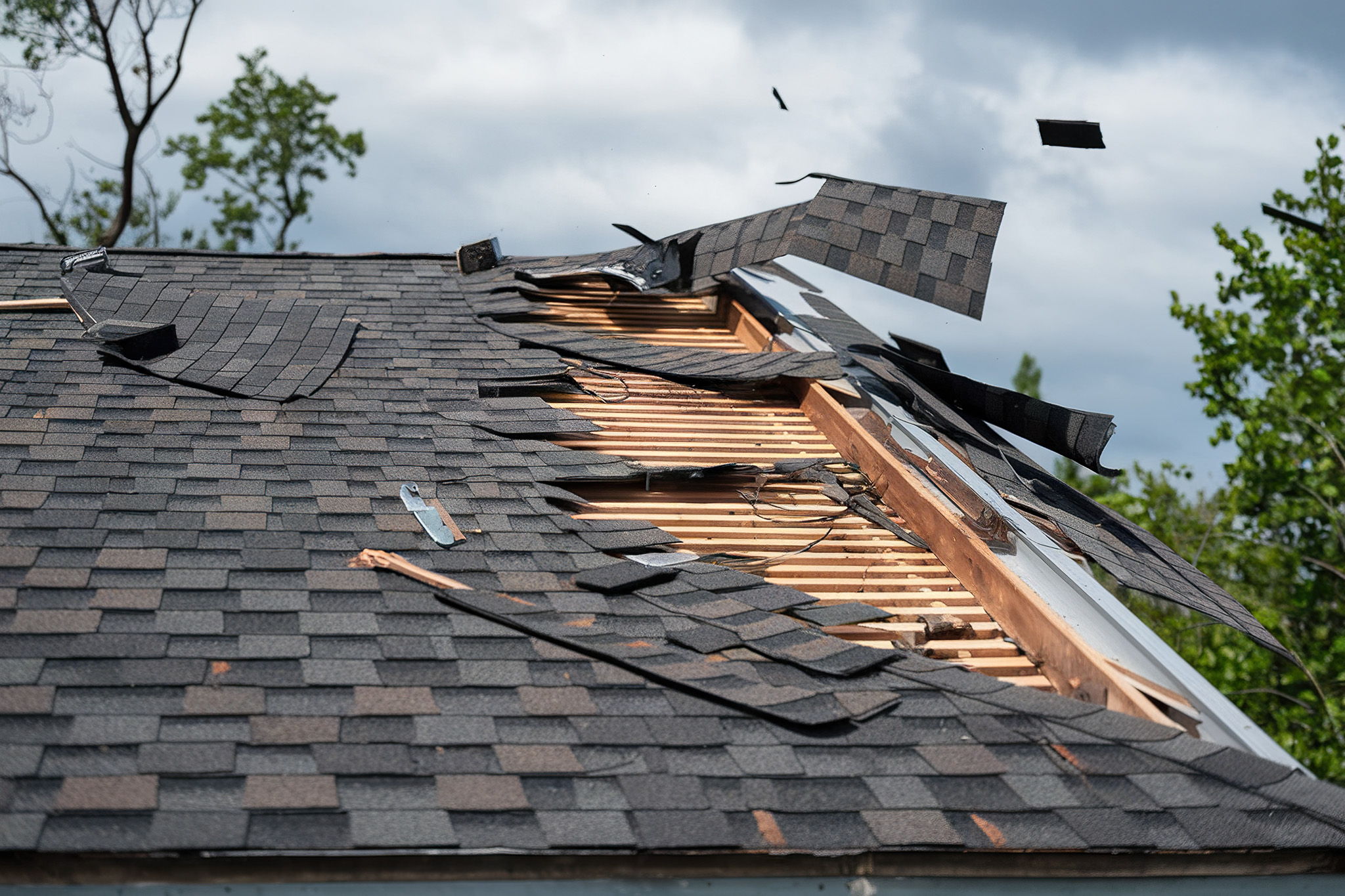A roof severely damaged by strong winds, with missing shingles a