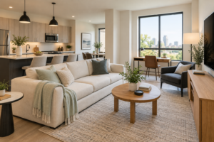 Illustrative furnished apartment with living area, kitchen, and workspace