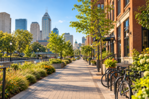 AI-generated illustration of a landscaped downtown walking path