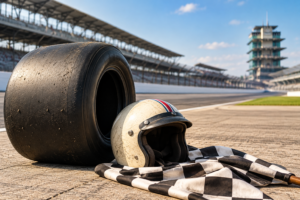 Racing tire, vintage helmet, and checkered flag in an illustrative motorsports scene