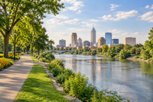 AI-generated illustration of a green riverfront path with an Indianapolis-inspired skyline