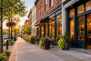 Illustrative Indianapolis-inspired neighborhood storefronts and sidewalk patios