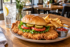 Illustrative Indiana-style breaded pork tenderloin sandwich with fries
