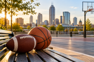 Illustrative football and basketball beside a court with a city skyline