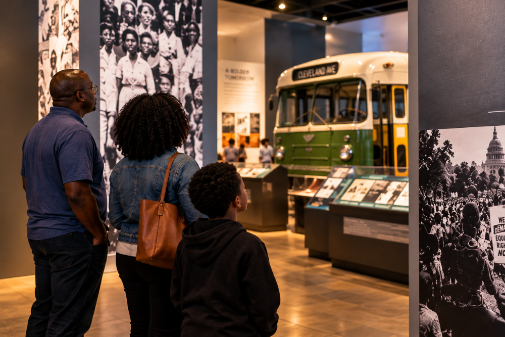 Illustration of a family exploring civil rights history exhibits