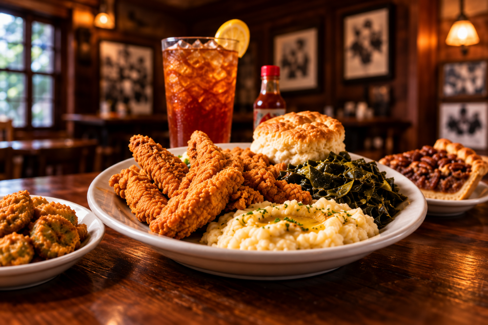 Illustration of Southern fried catfish, biscuits, greens, and pecan pie