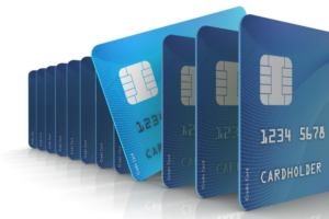 A row of credit cards illustrating travel card choices