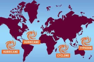 World map illustrating regional names for hurricanes, typhoons, and cyclones
