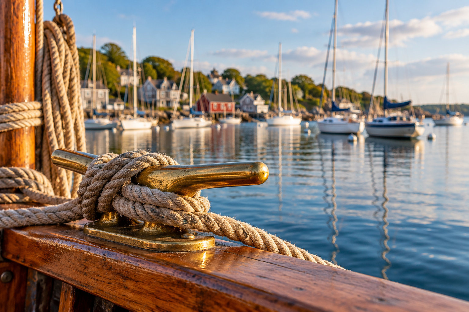 Illustration of boat ropes and sailboats in a peaceful harbor