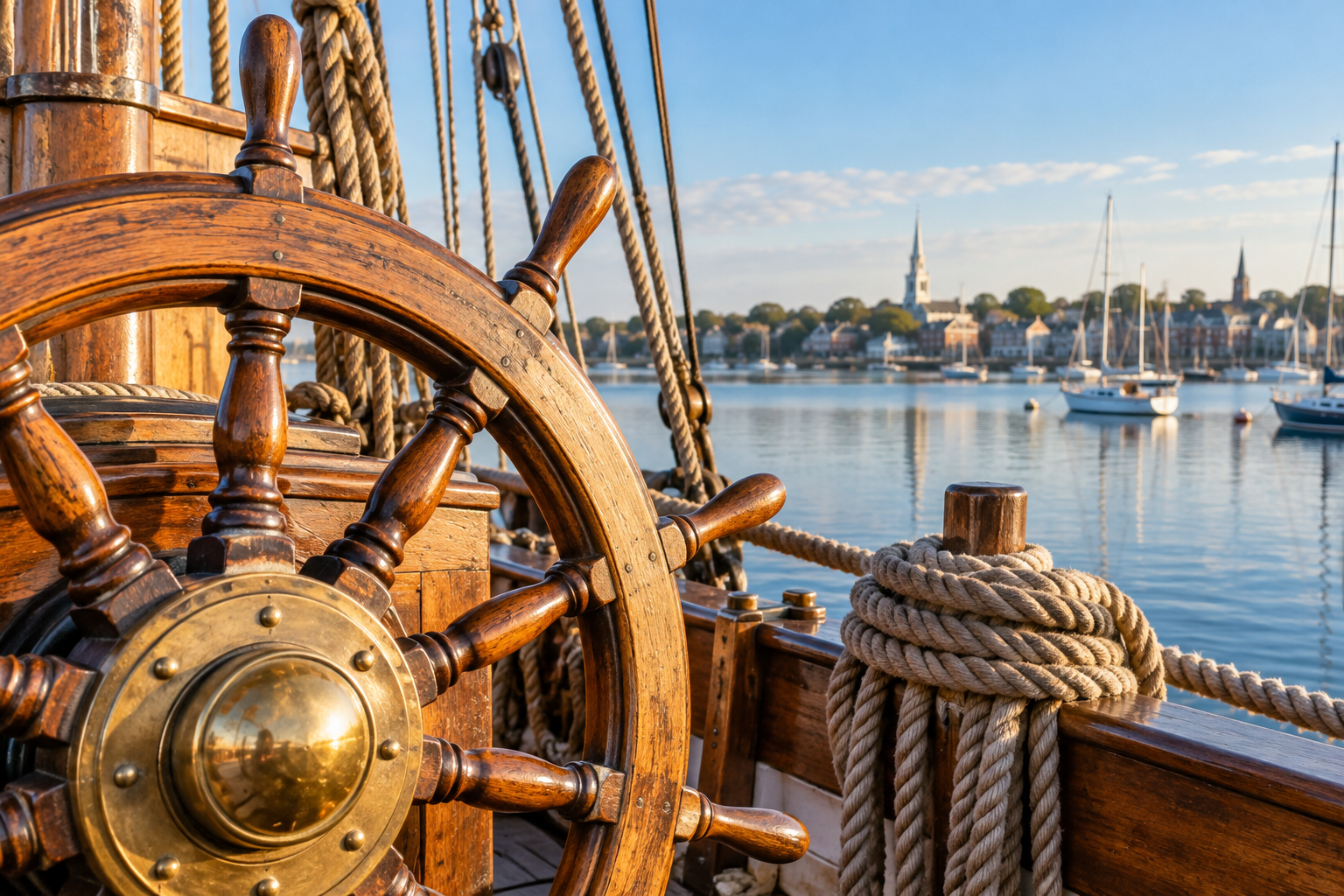Illustration of a wooden ship wheel and rope beside a harbor