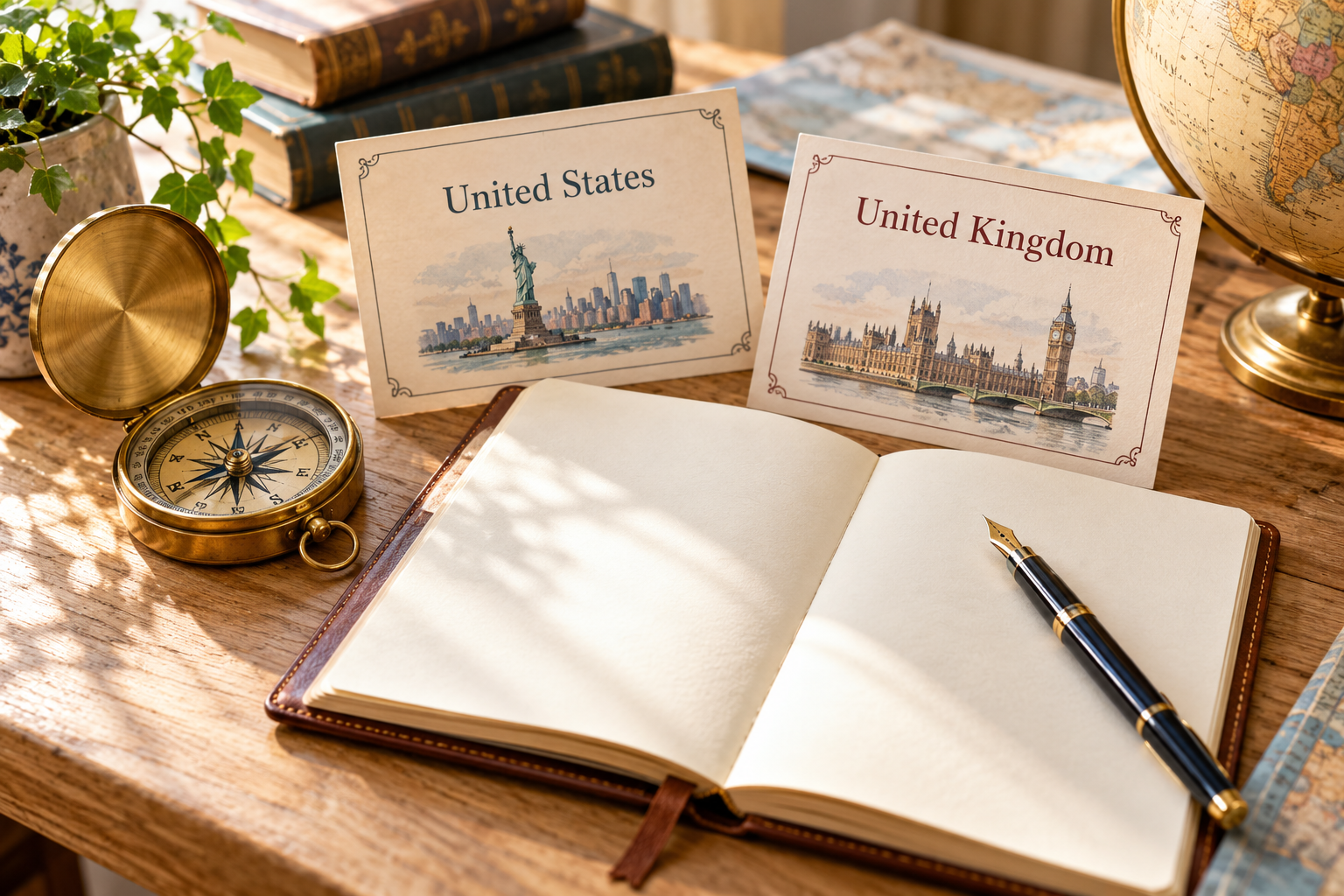 british-city-names-cover Travel illustration with United States and United Kingdom cards, a journal, and a compass