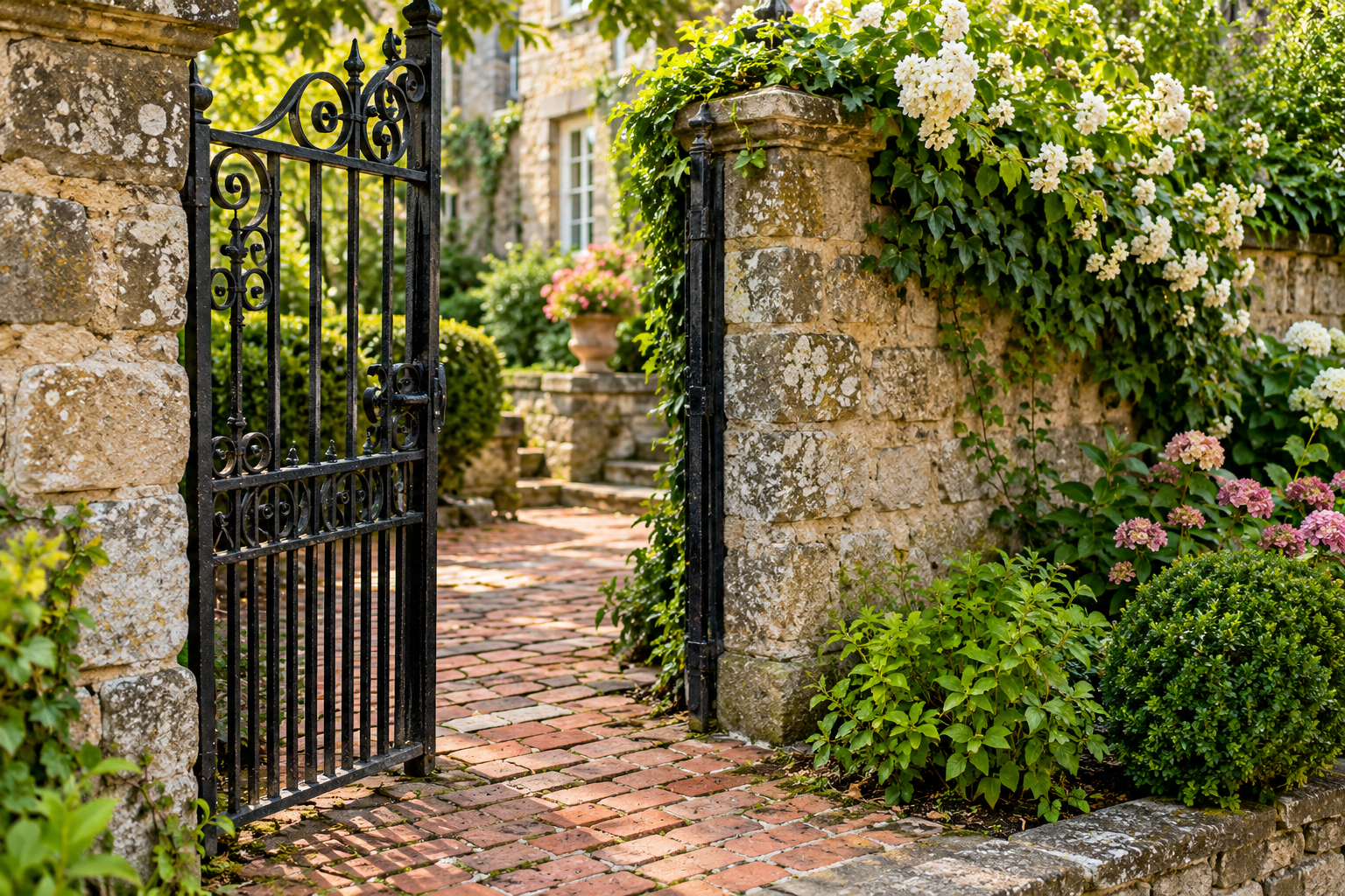 Illustration of a brick walkway and iron gate beside an old stone wall