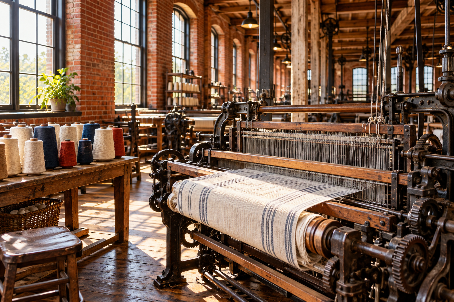 Illustration of a textile loom in a sunlit brick mill