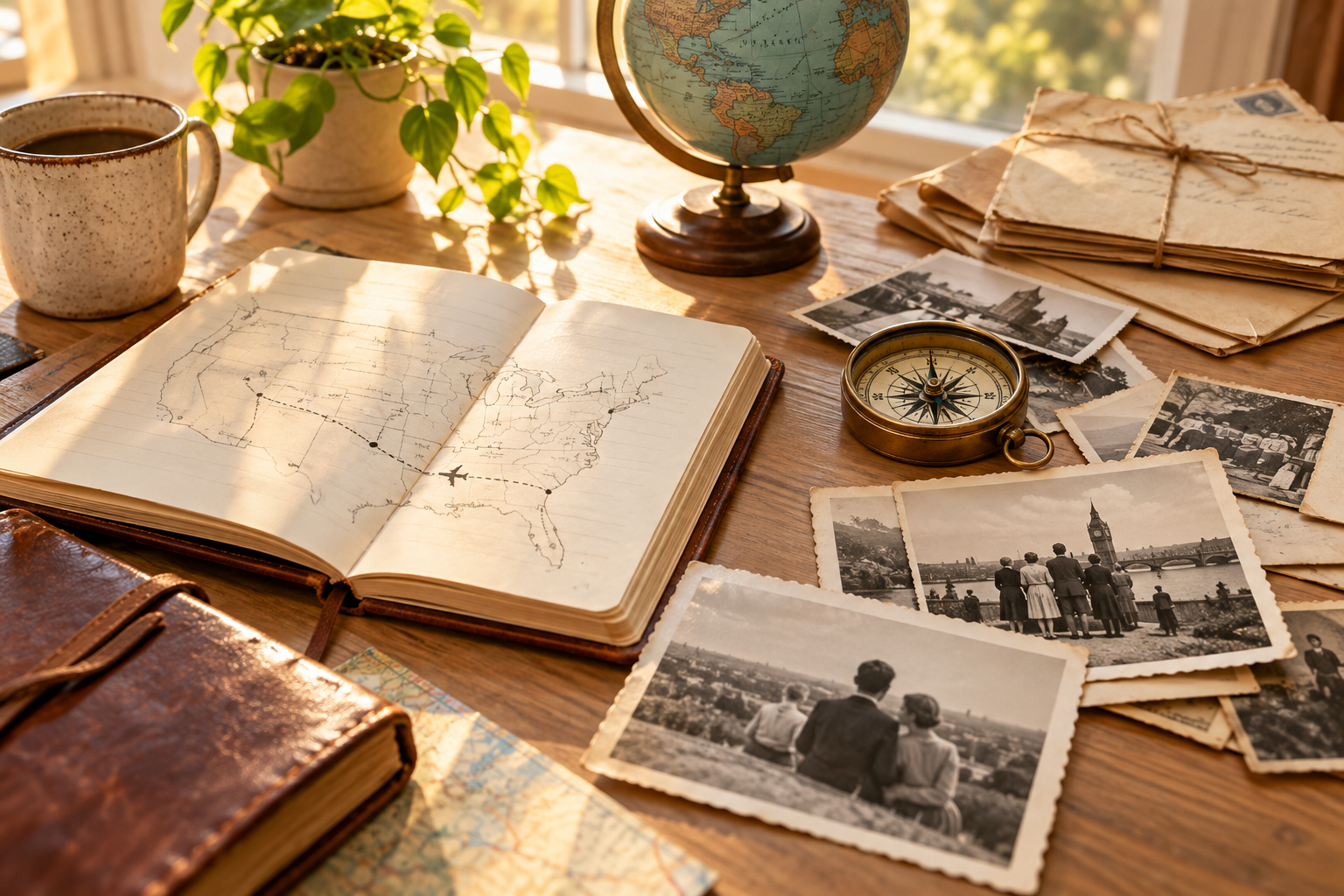 Illustration of a travel journal, old family photographs, and a compass