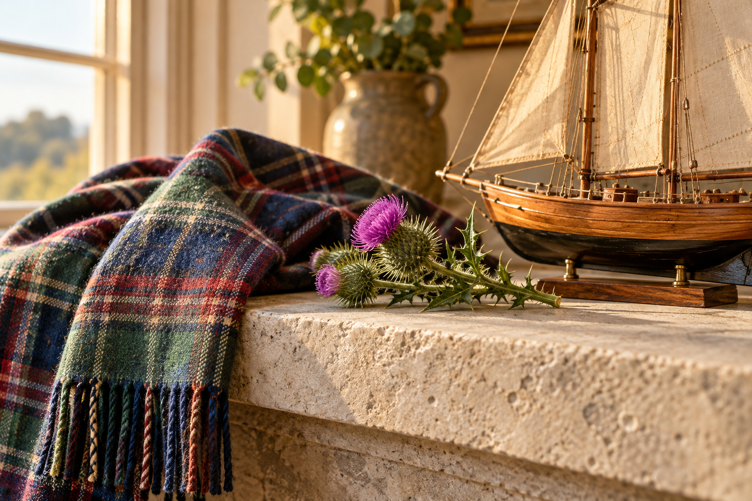 Illustration of tartan fabric, a thistle, and a model sailing boat