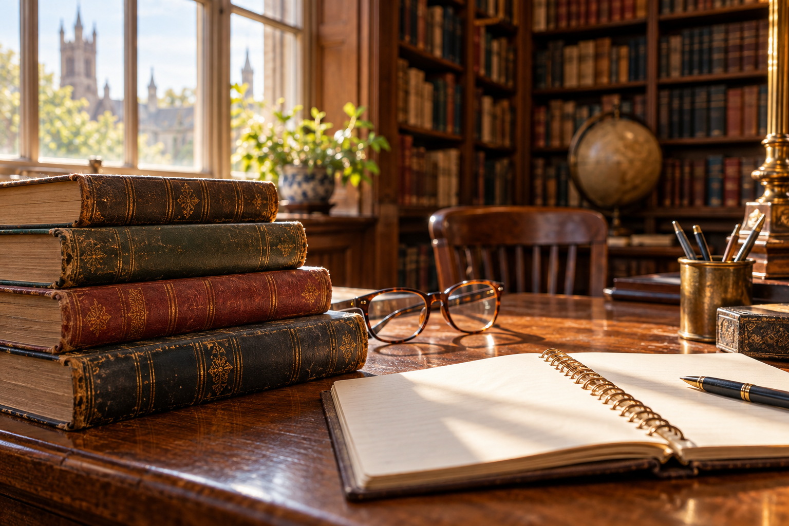 Illustration of antique books and a notebook in a library