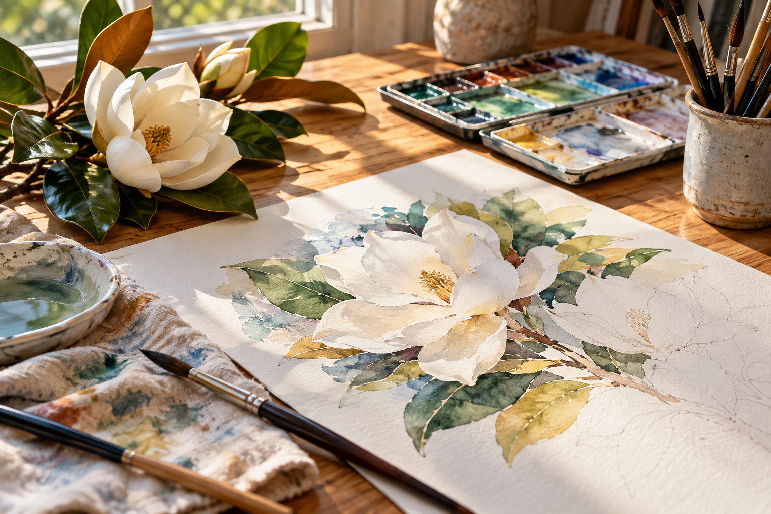 Illustration of watercolor brushes and a magnolia painting
