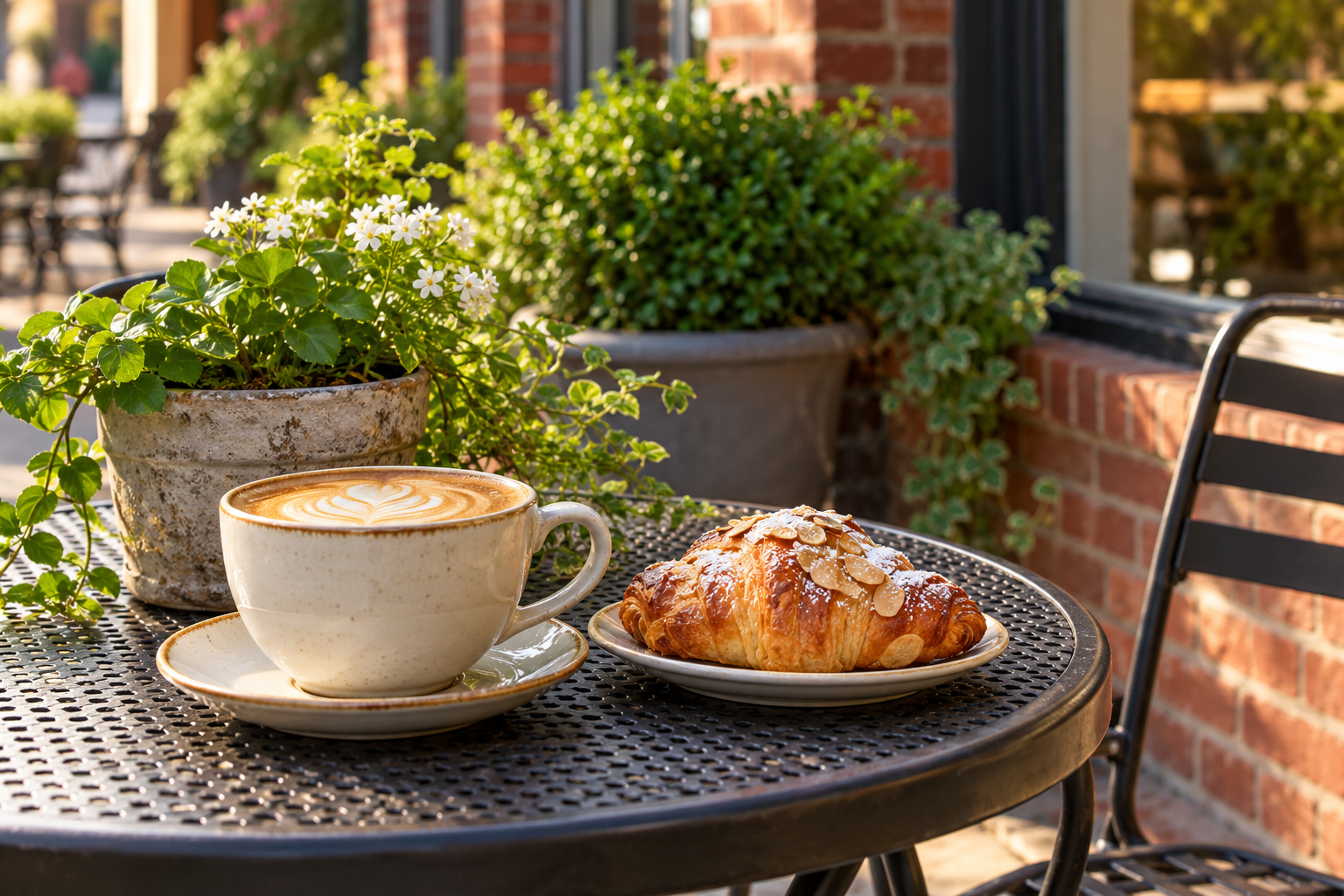 Illustration of coffee and a pastry on a sunny cafe patio