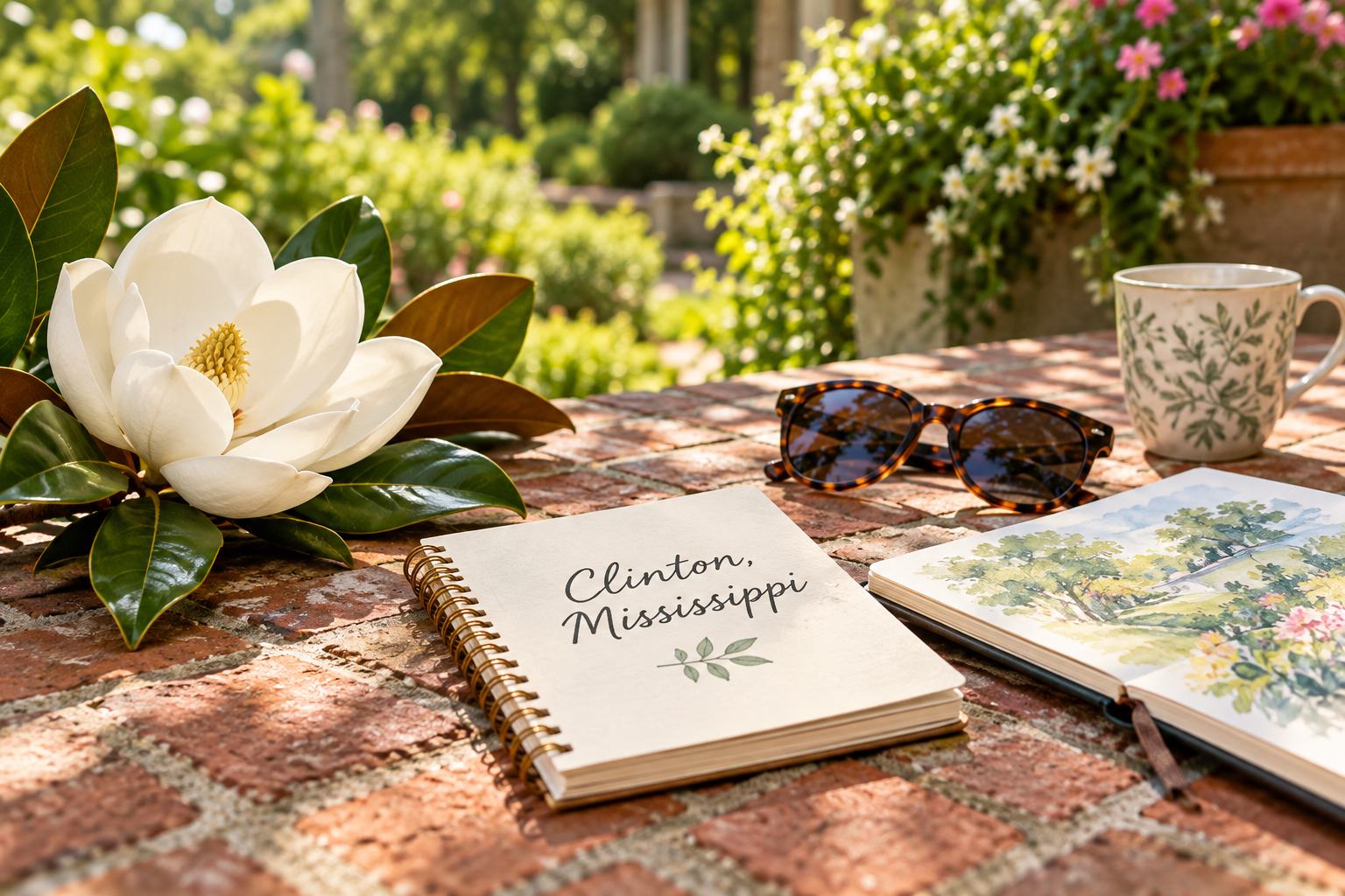 Clinton, Mississippi Hidden Gems Illustration of a Clinton, Mississippi travel notebook, magnolia flowers, and sunglasses