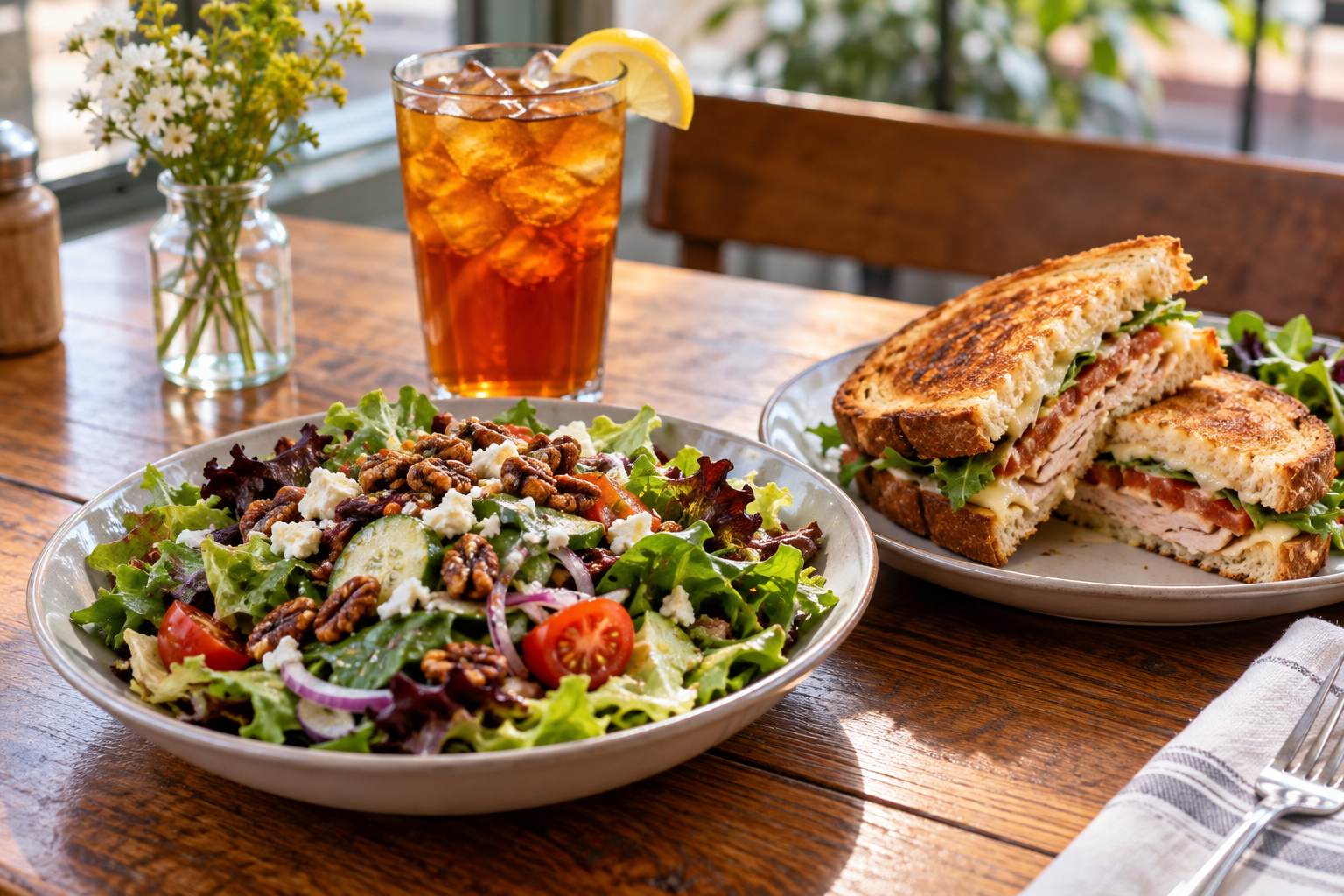 Illustration of a fresh salad, toasted sandwich, and iced tea