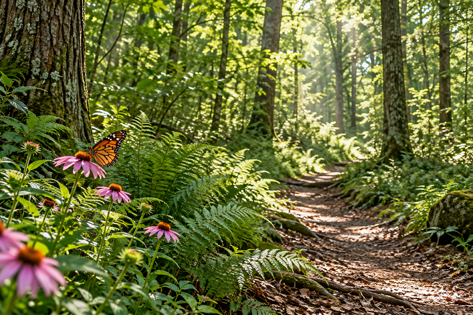 Illustration of a shaded woodland trail with wildflowers and a butterfly