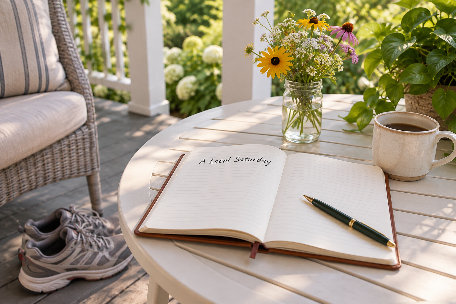 Illustration of a Saturday itinerary notebook on a porch table