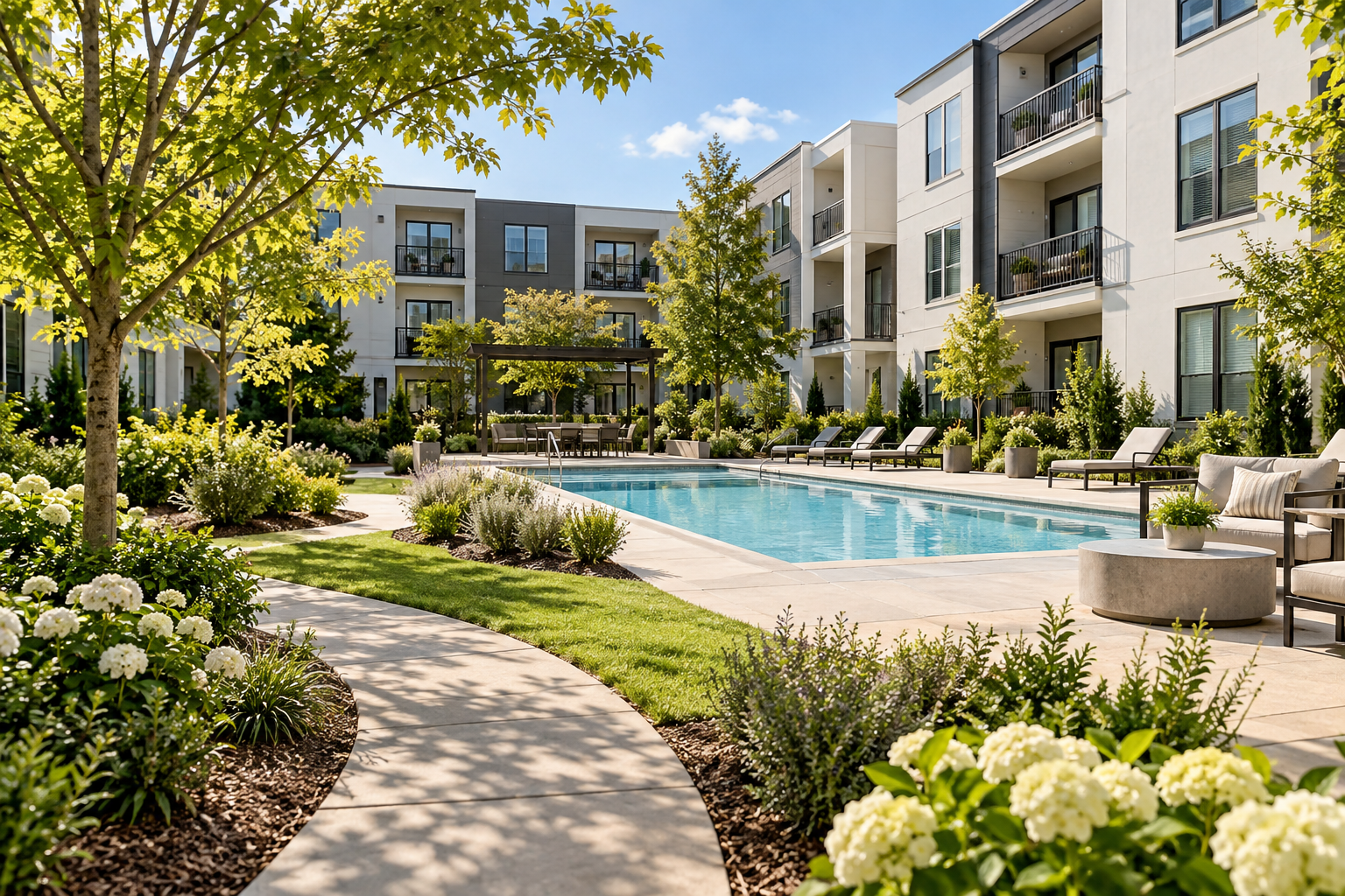 Illustration of an apartment community pool and landscaped courtyard