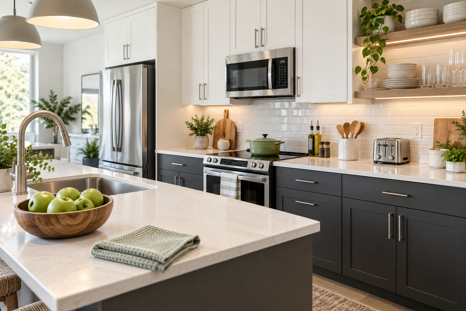 cqusa-equipped-kitchen Illustration of a bright furnished apartment kitchen with cookware and housewares