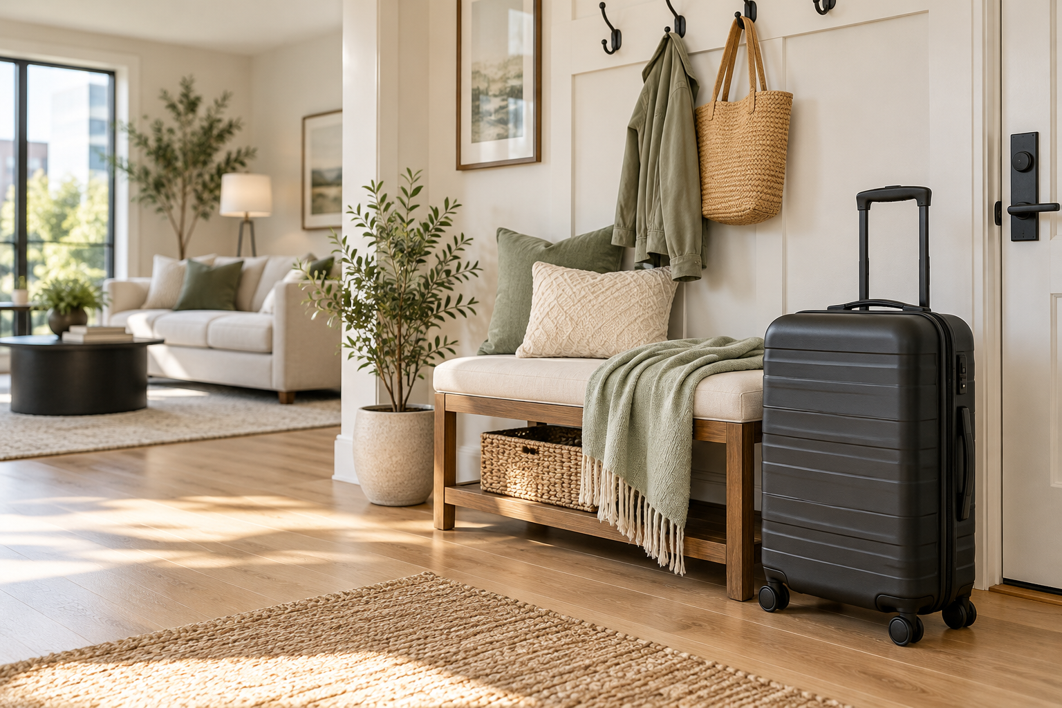 Illustration of a suitcase beside a welcoming apartment entry