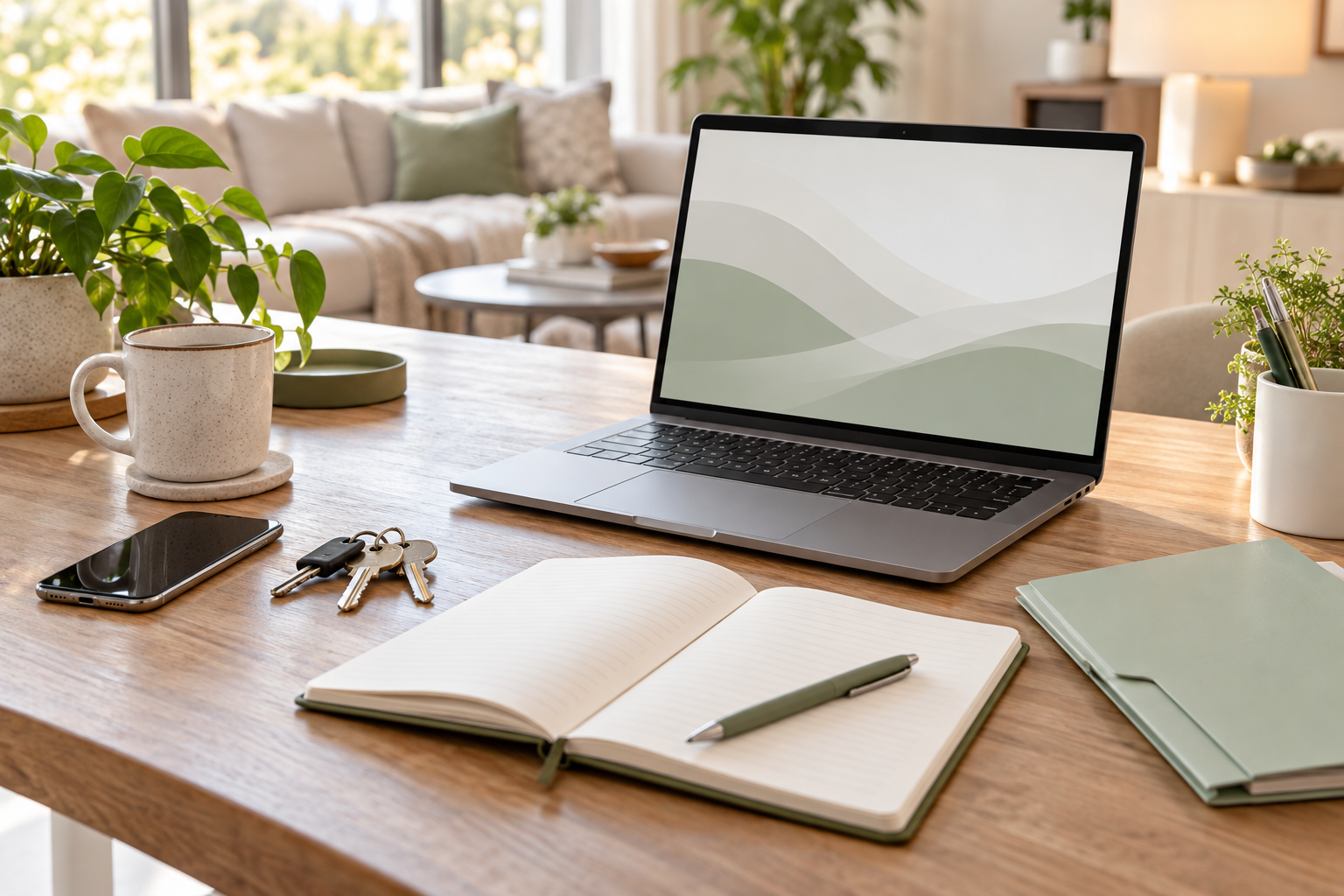 Illustration of a housing planning workspace with a notebook and laptop