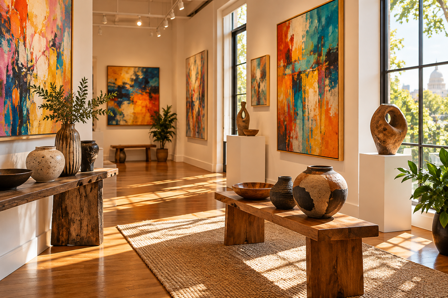 Illustration of a sunlit gallery with paintings and pottery