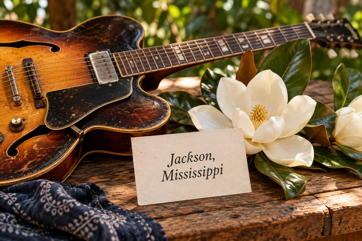 Jackson, Mississippi — City with Soul Illustration of a blues guitar and magnolia flowers beside a Jackson, Mississippi card