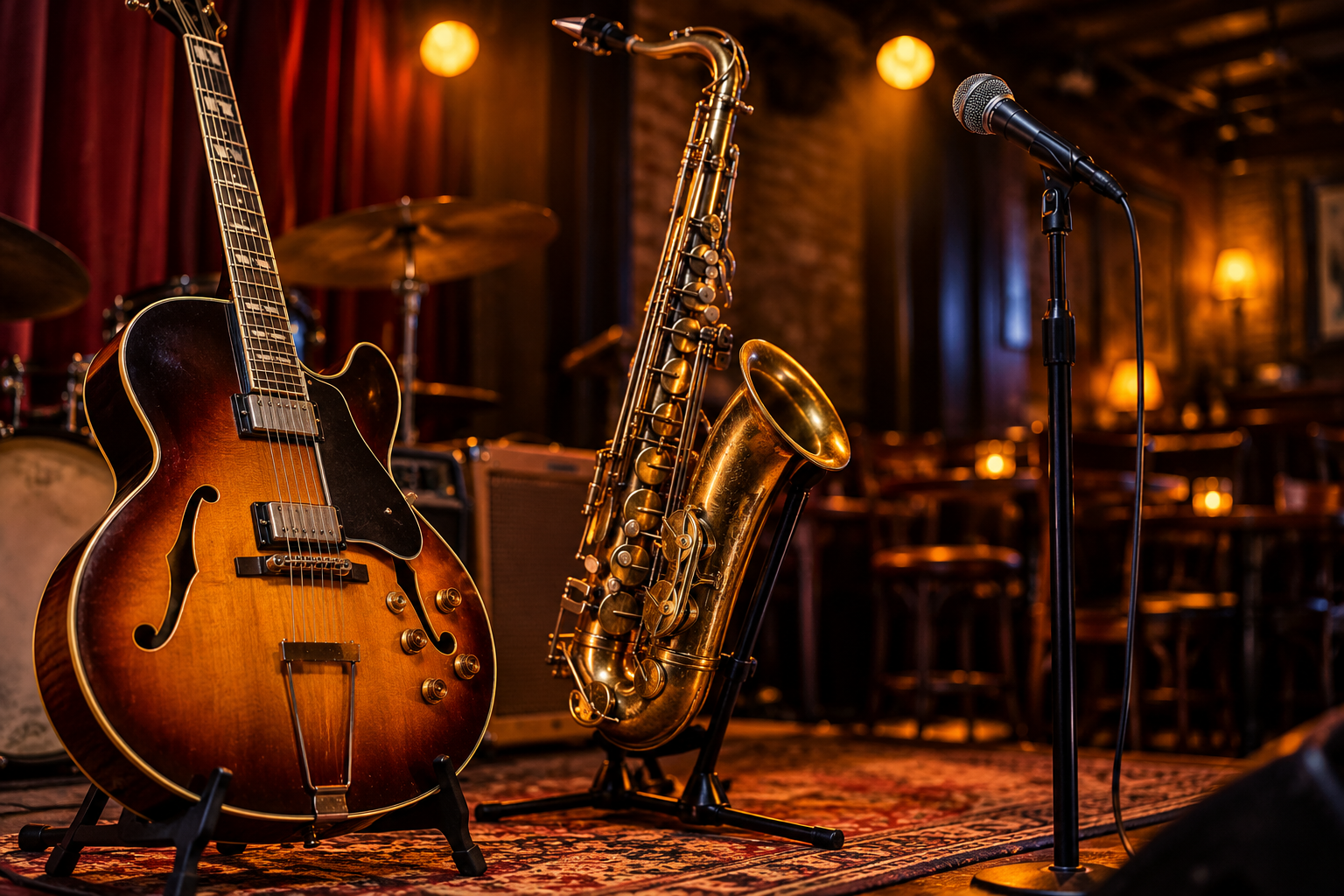 Illustration of a blues guitar and saxophone in a music venue