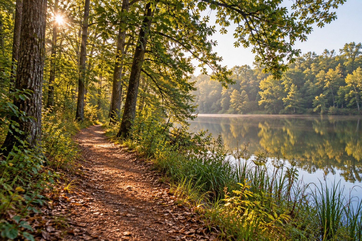 Illustration of a wooded path beside a peaceful lake