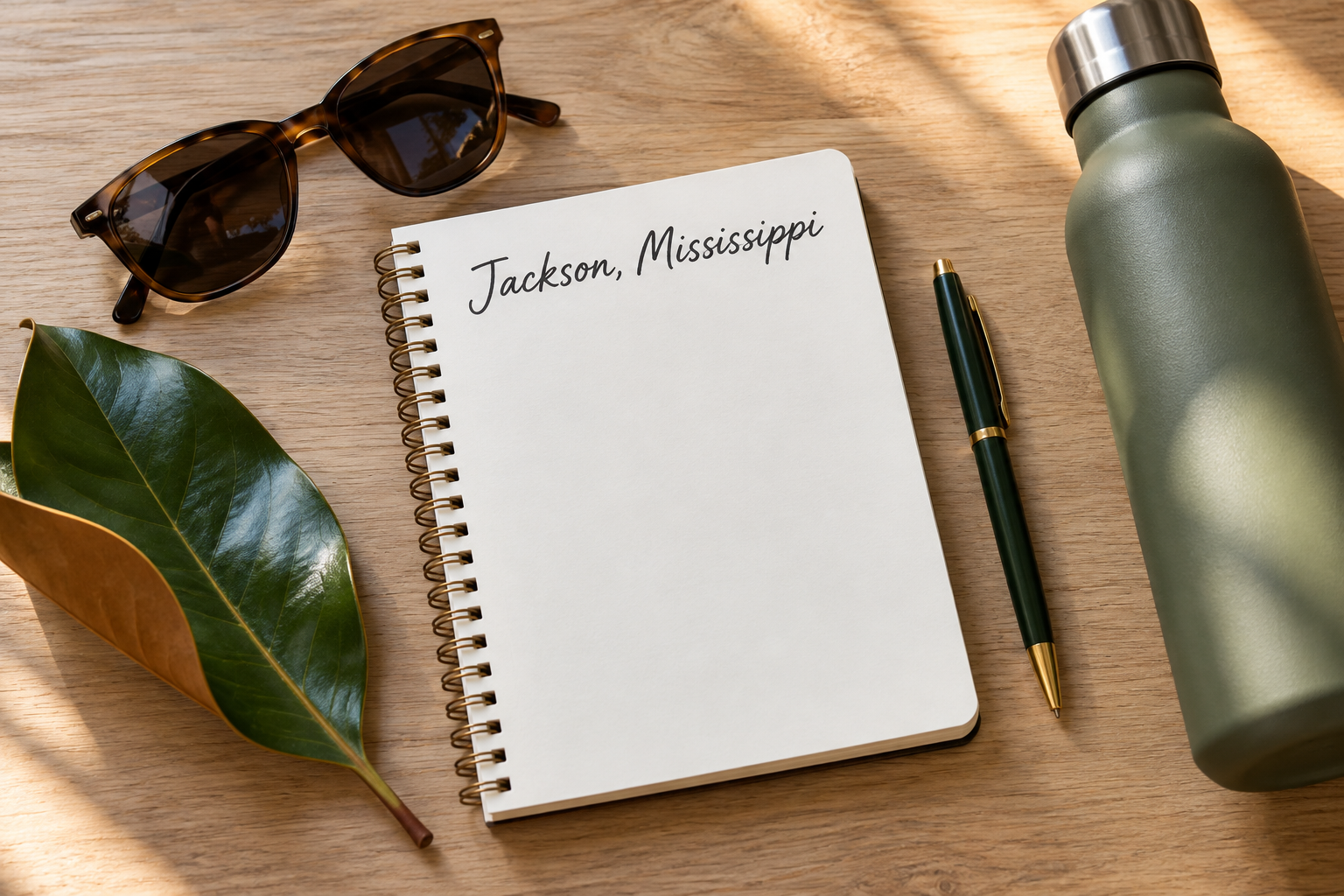 Travel planning illustration with a notebook labeled Jackson, Mississippi