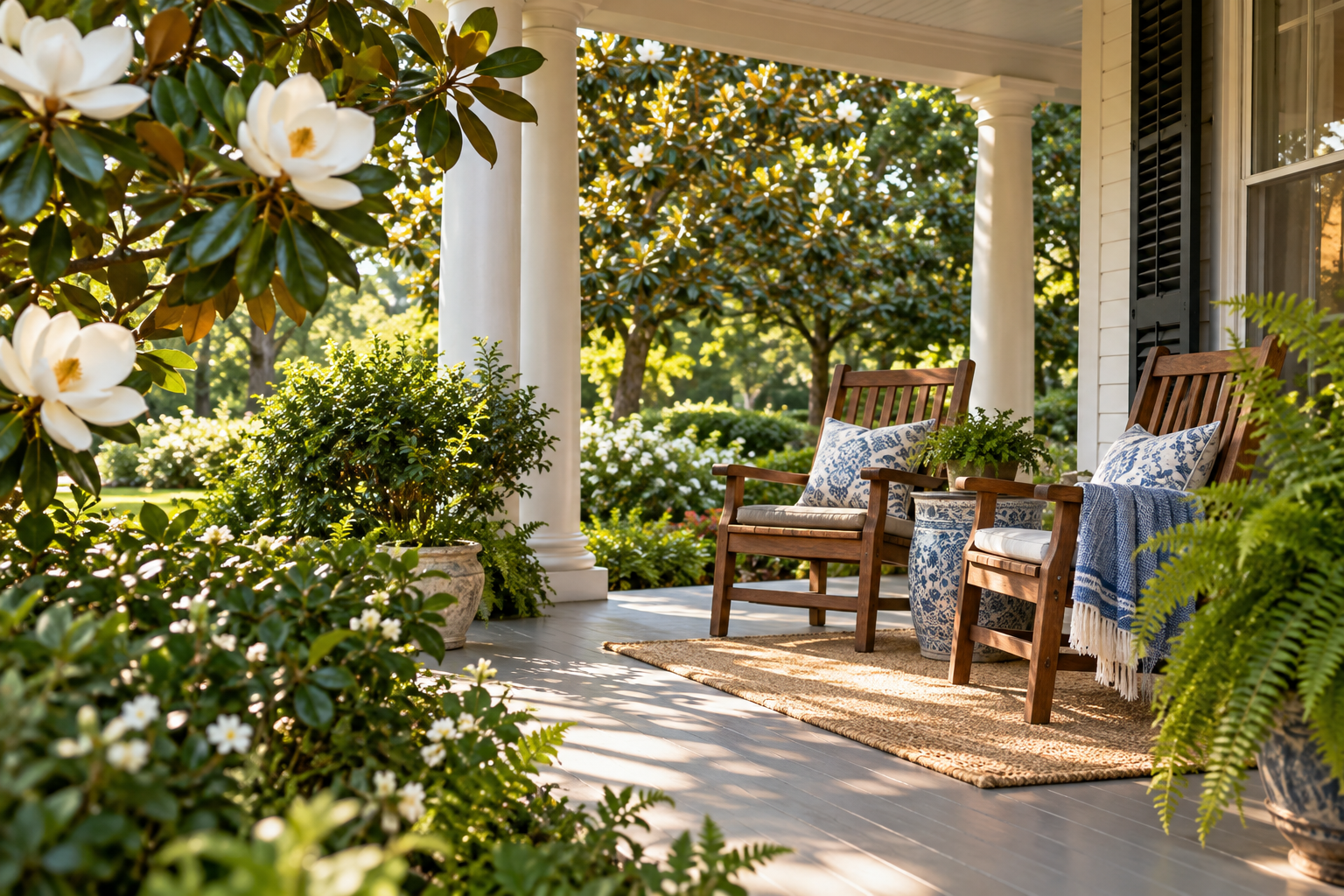 Illustration of a welcoming Southern porch with magnolia blossoms