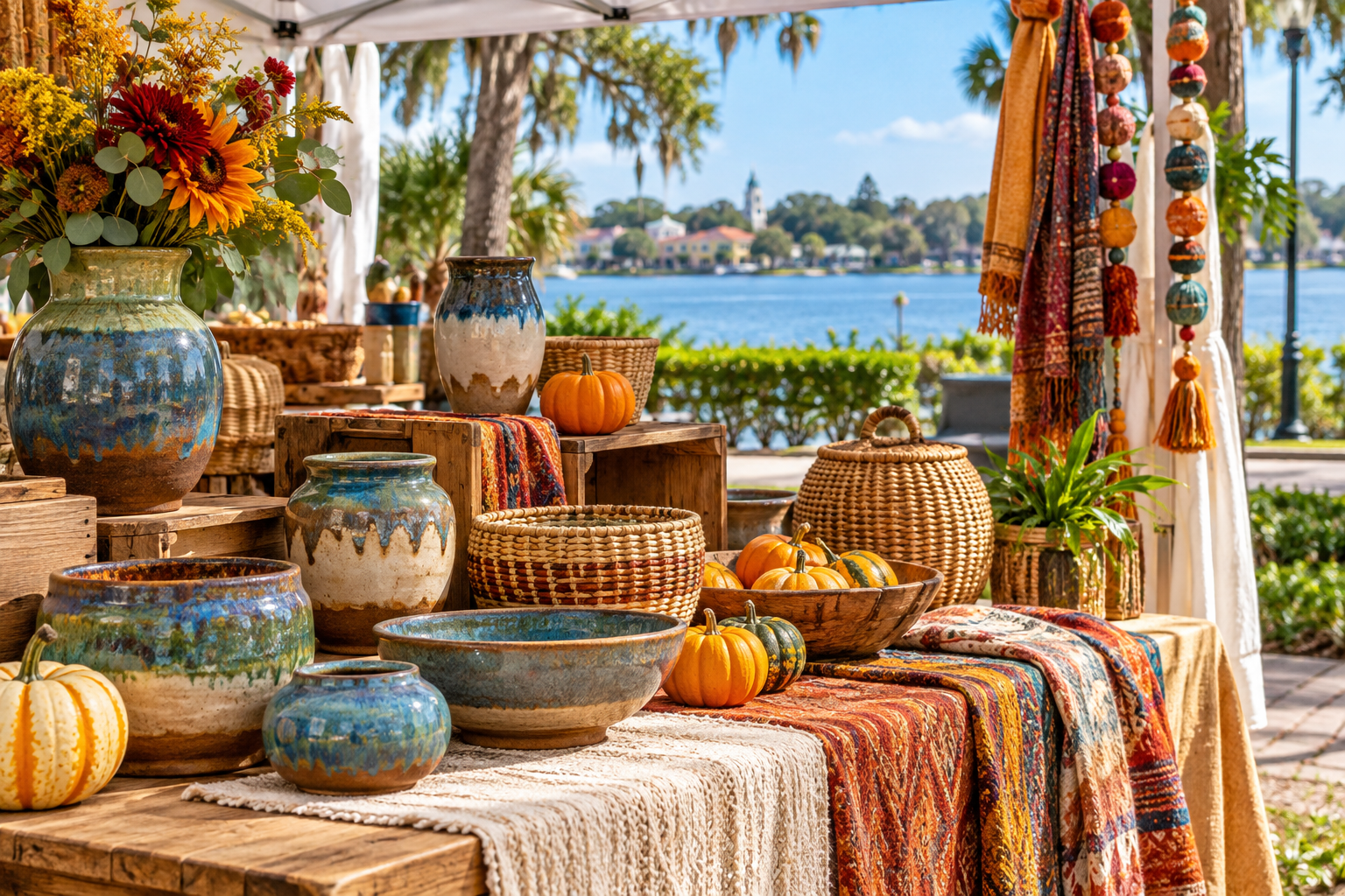Illustration of crafts, pottery, and pumpkins at a fall market