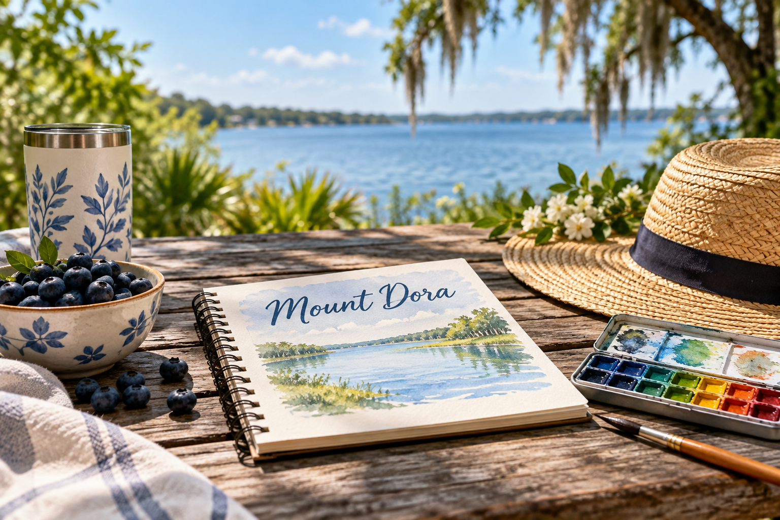 mount-dora-festivals-cover Illustration of a Mount Dora travel notebook, blueberries, and art supplies beside a lake