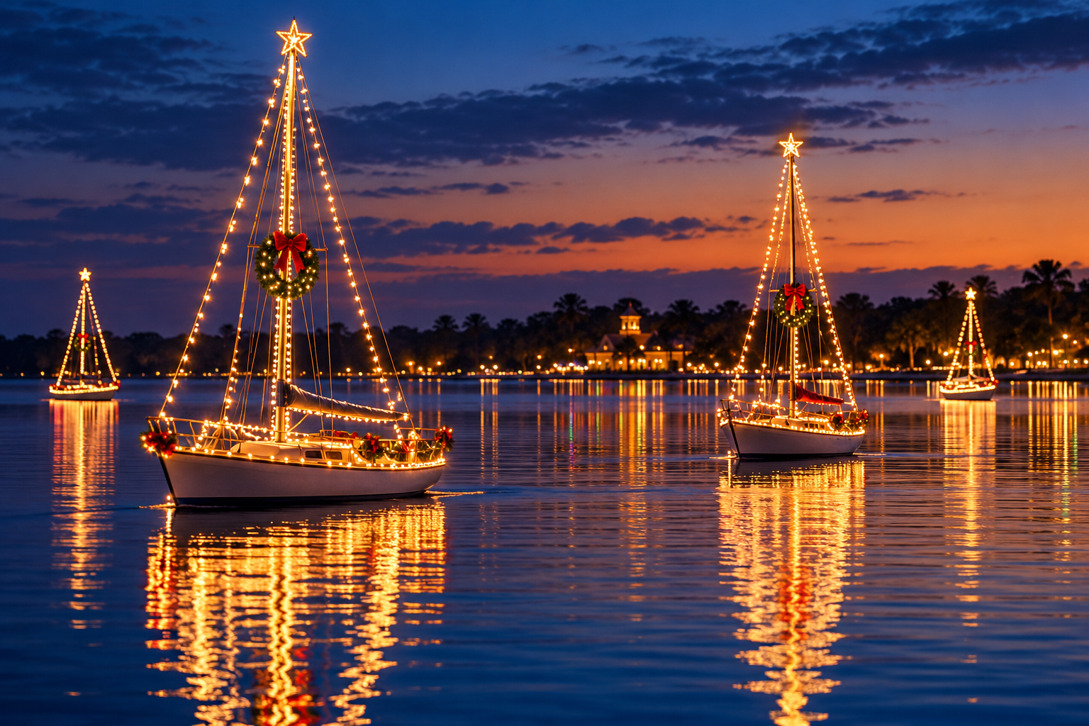 Illustration of holiday-lit sailboats reflected on a lake