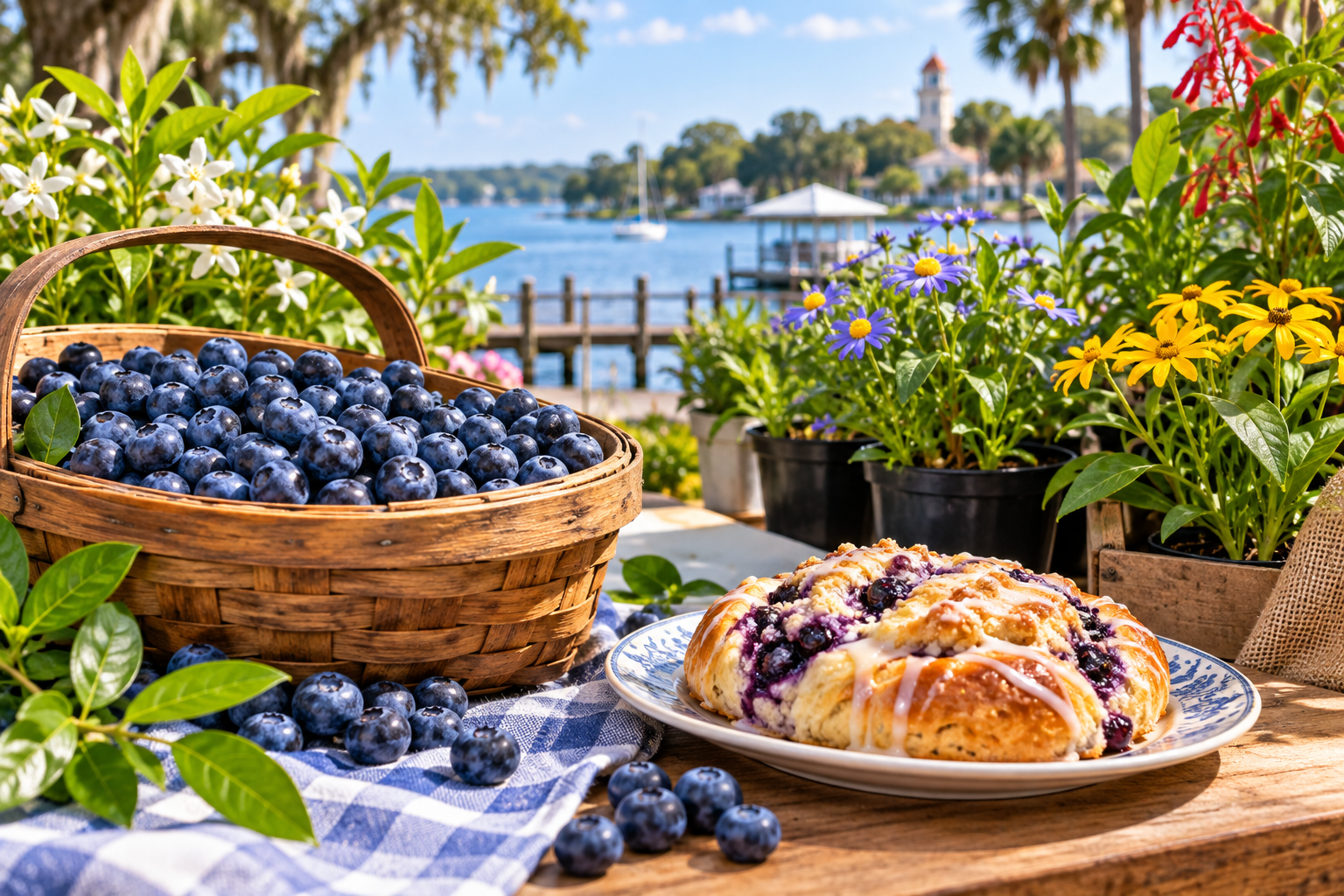 Illustration of fresh blueberries, pastries, and plants