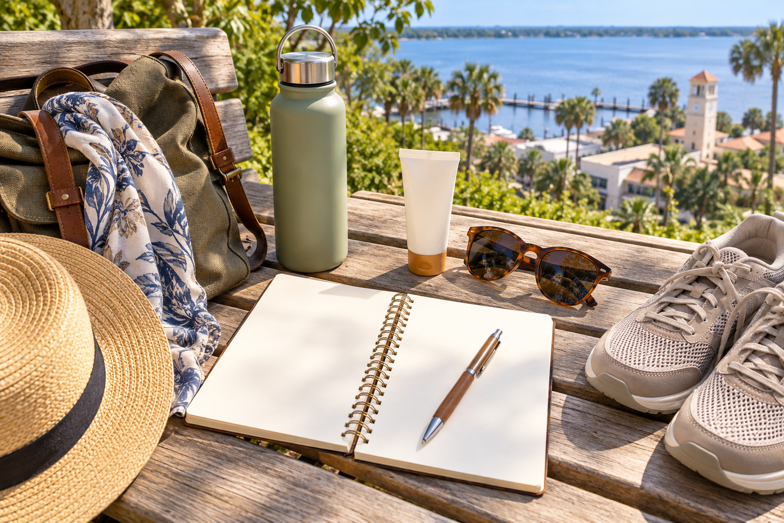 Illustration of a day-trip notebook, walking shoes, and travel essentials