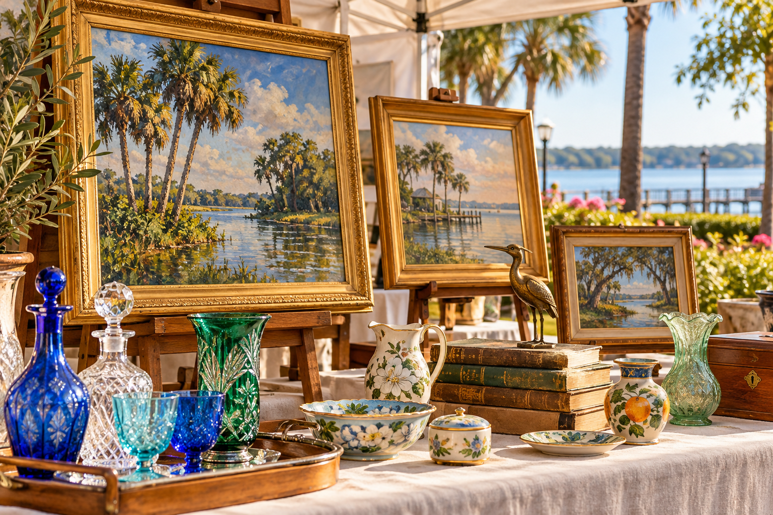 Illustration of Florida landscape art and antiques at an outdoor market